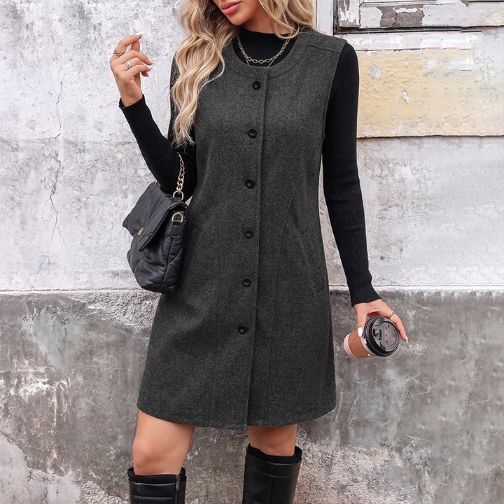 Women's Sleeveless Wool Blend Coat Skirt with Continuous Button Placket and Side Pockets Mune Fashion