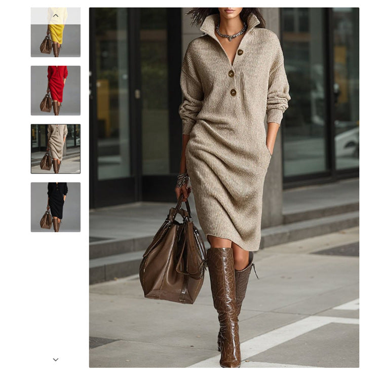 Women's knitted sweater dress with polo collar, patch pockets and casual fit Mune Fashion