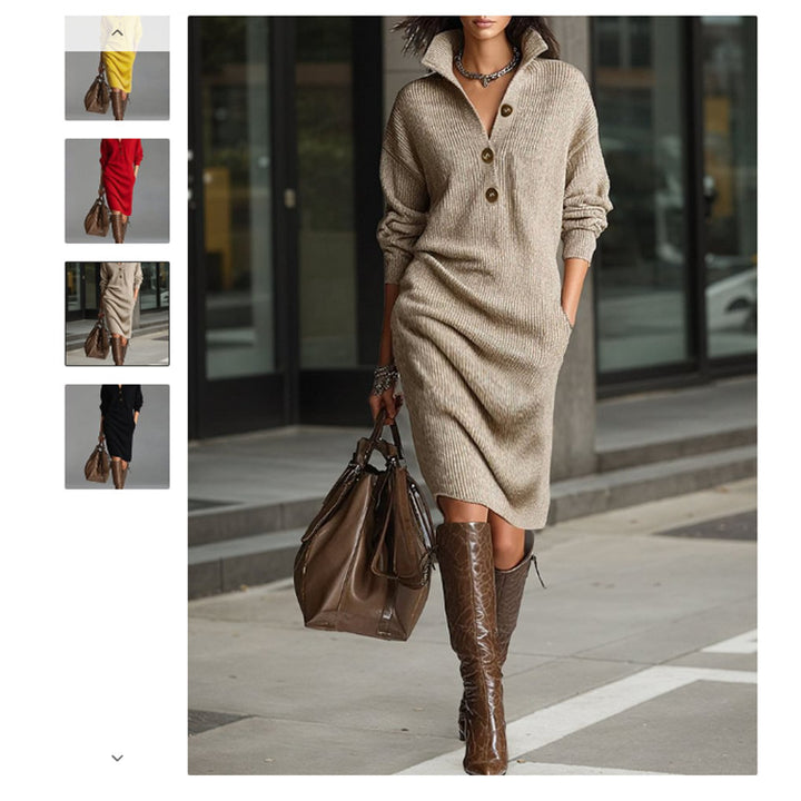 Women's knitted sweater dress with polo collar, patch pockets and casual fit Mune Fashion