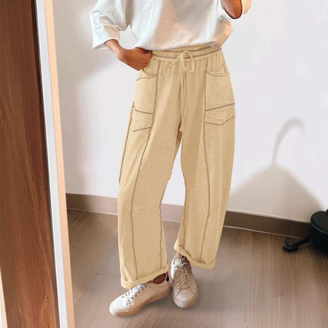 Women wide cargo lounge pants with elastic waistband and contrast seams Mune Fashion