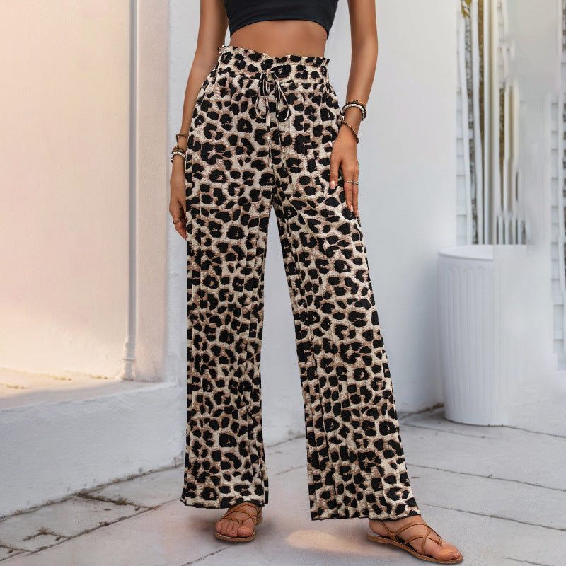 Women's Lightweight Palazzo Pants with Elastic Waist, Drawstring and Animal Print Mune Fashion