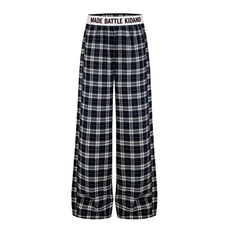 Ladies Wide Lounge Pants with Check Pattern and Elastic Logo Waistband Mune Fashion
