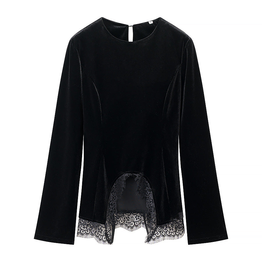 Women's velvet blouse with lace insert and asymmetrical lace hem Mune Fashion