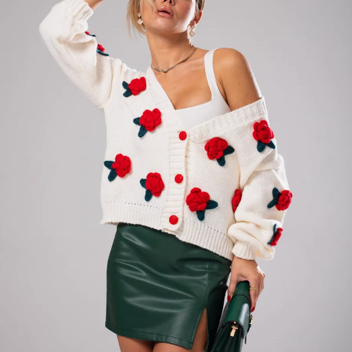 Women's Floral Knit Cardigan with 3D Flower Appliqués and V-Neck Mune Fashion