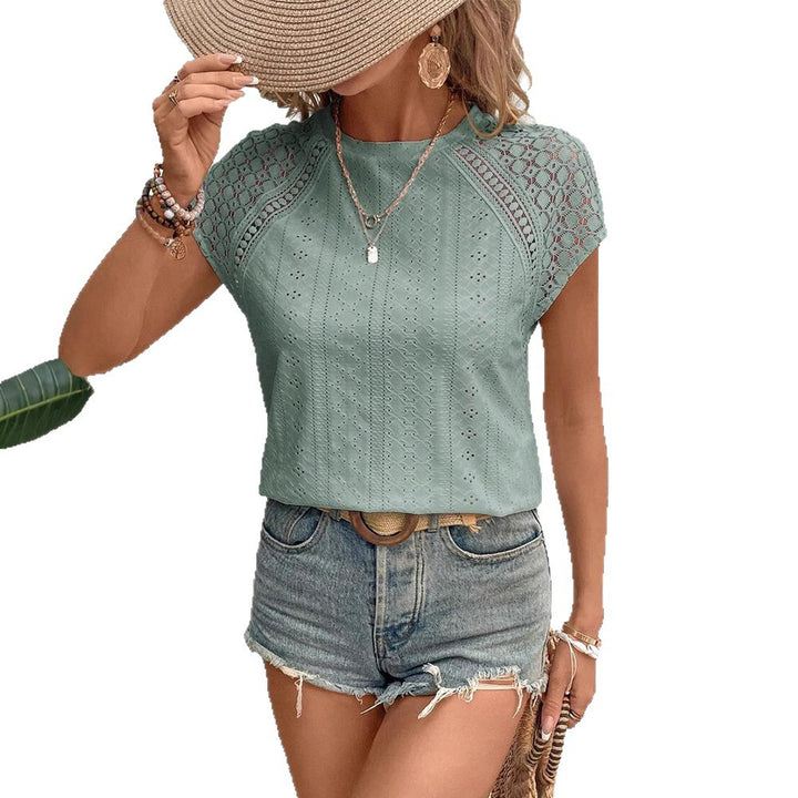 Women’s lightweight hole embroidery blouse with crochet sleeves and round neckline Mune Fashion