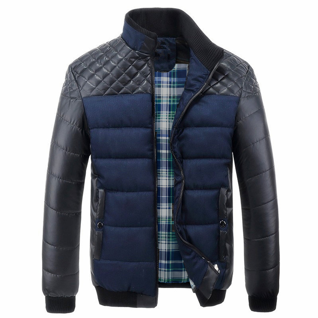 Men's Padded Quilted Bomber Jacket with Faux Leather Shoulder Insets, Stand Collar and Checkered Lining Mune Fashion
