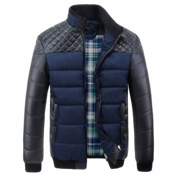 Men's Padded Quilted Bomber Jacket with Faux Leather Shoulder Insets, Stand Collar and Checkered Lining Mune Fashion
