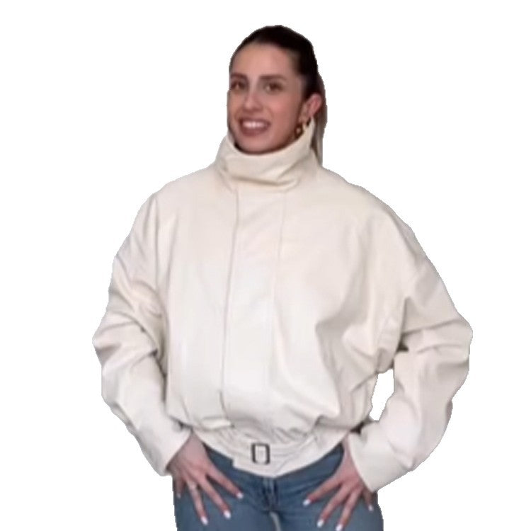 Women Oversize Short Jacket with High Standing Collar, Padded Silhouette and Adjustable Belt Mune Fashion