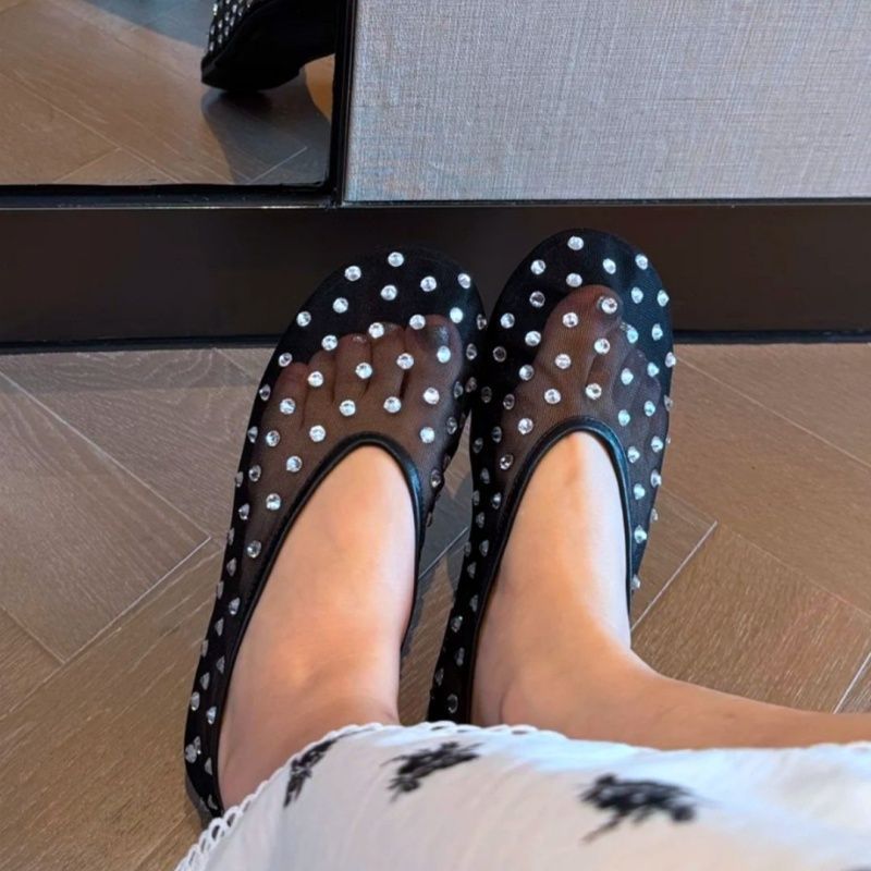 Women's Transparent Mesh Ballerinas with Rhinestone Detail and Padded Insole Mune Fashion