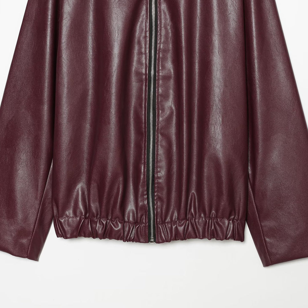 Women's Faux Leather Blouson with Full Zip, Shirt Collar and Gathered Hem