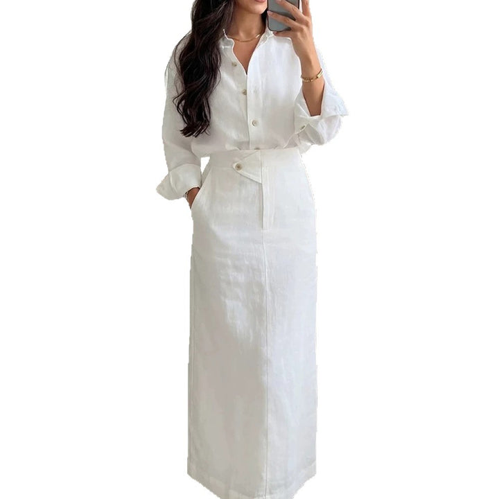 Women's Two-Piece Linen Set with Oversized Shirt and Fitted Maxi Skirt Mune Fashion