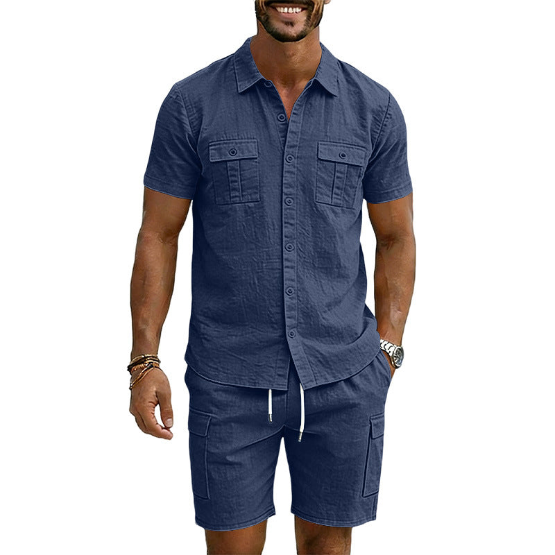 Men's summer short-sleeve shirt and cargo bermuda set made of linen blend with chest pockets and drawstring waistband Mune Fashion