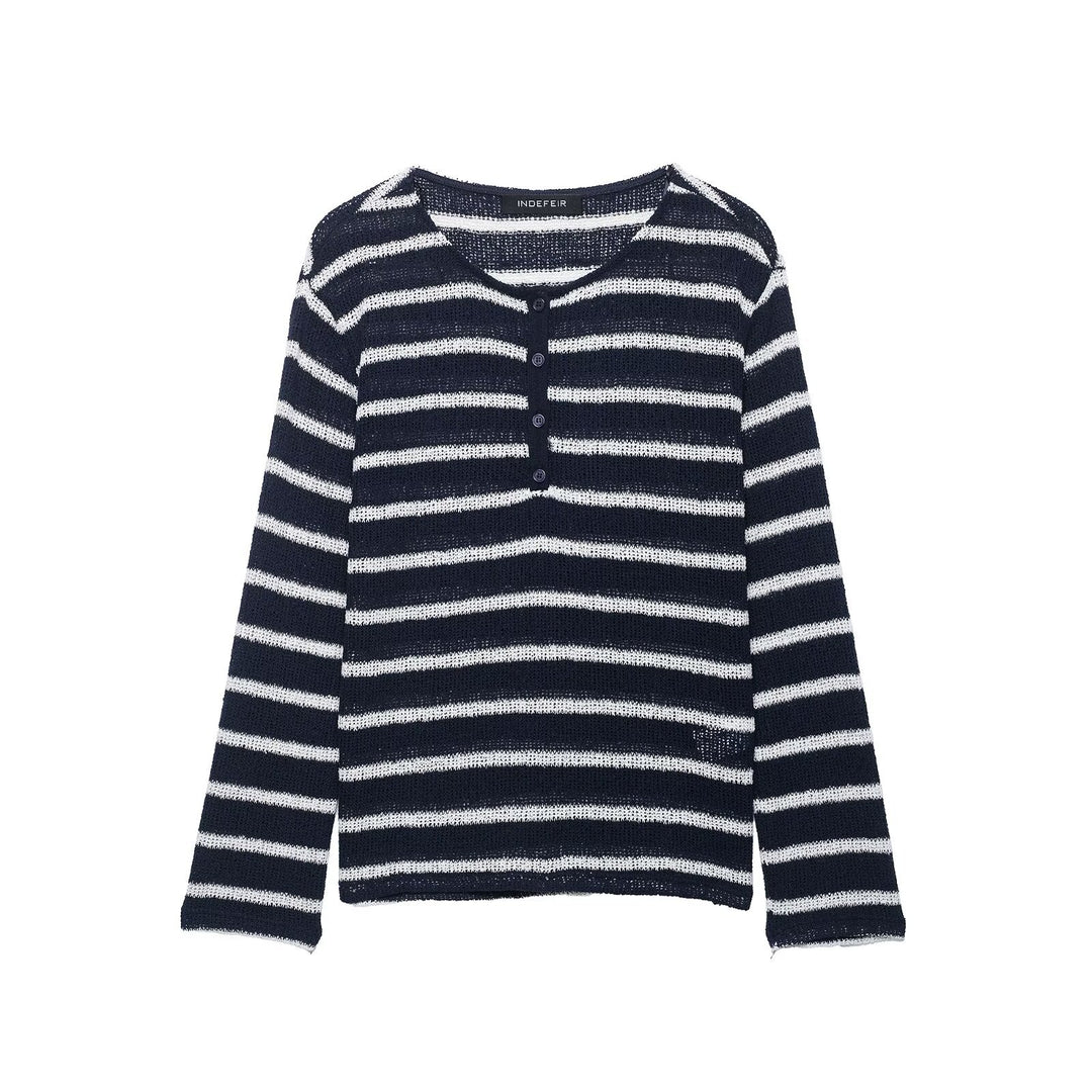 Women's striped sweater with button placket and lightweight textured knit Mune Fashion