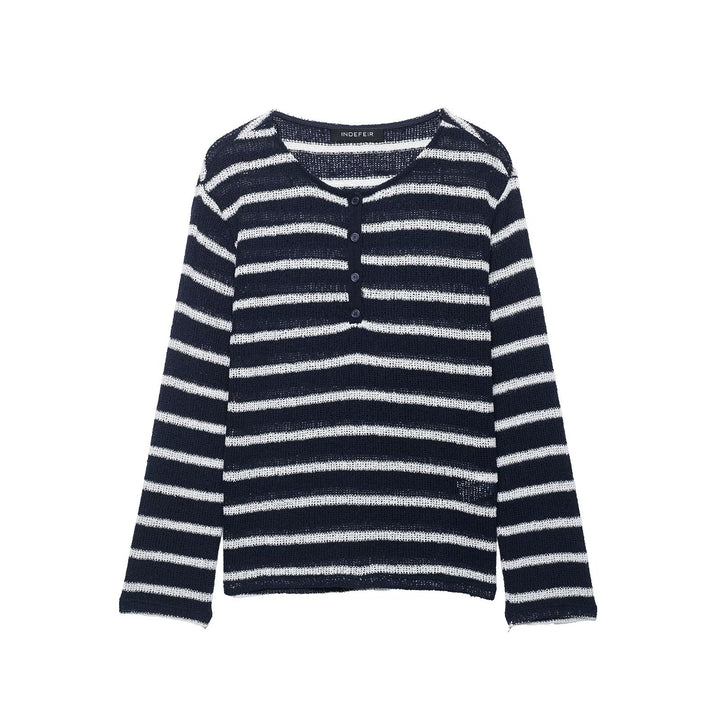Women's striped sweater with button placket and lightweight textured knit Mune Fashion