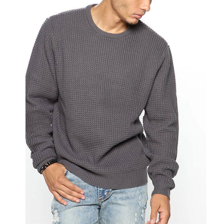 Men's Chunky Knit Crew Neck Sweater with Basketweave Pattern and Relaxed Fit Mune Fashion