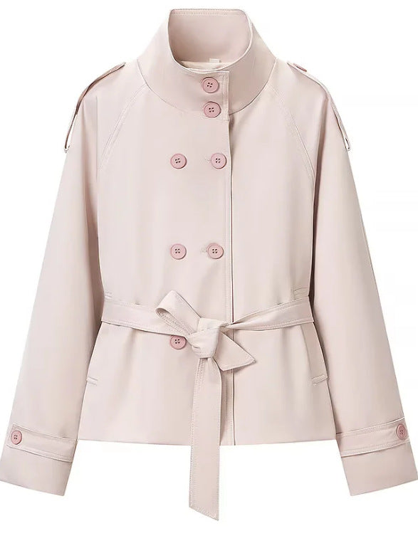 Women's Cropped Trench Coat in Boxy Cut with Stand Collar, Epaulettes and Waist Belt Mune Fashion
