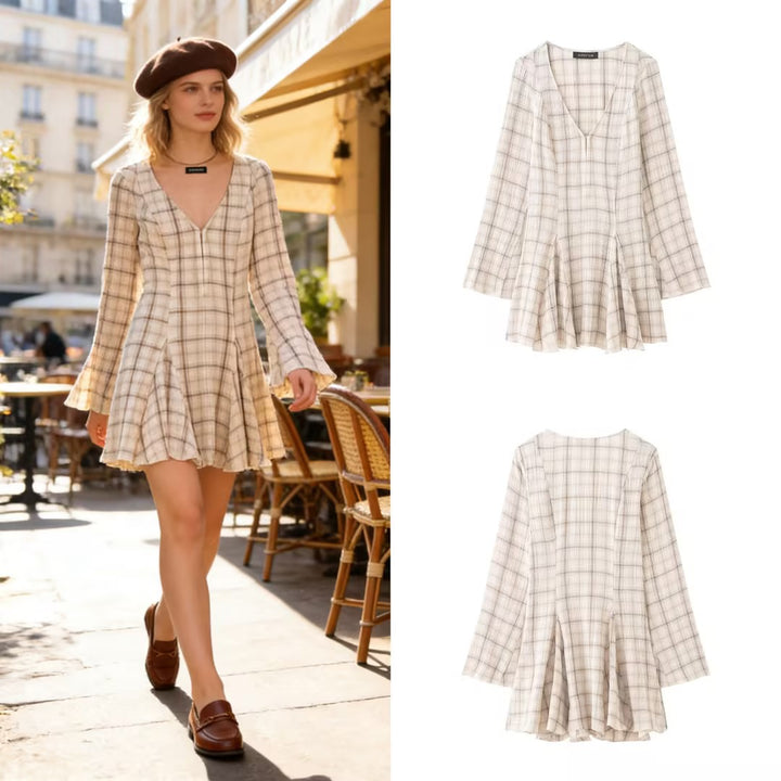 Women's Lightweight V-Neck Midi Dress with Check Pattern, Tailored Godet Skirt and Crinkle Structure Mune Fashion