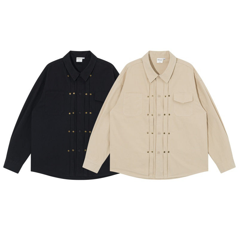 Men's Oversized Shirt Jacket in Workwear Style with Decorative Stitching and Metal Rivets Mune Fashion