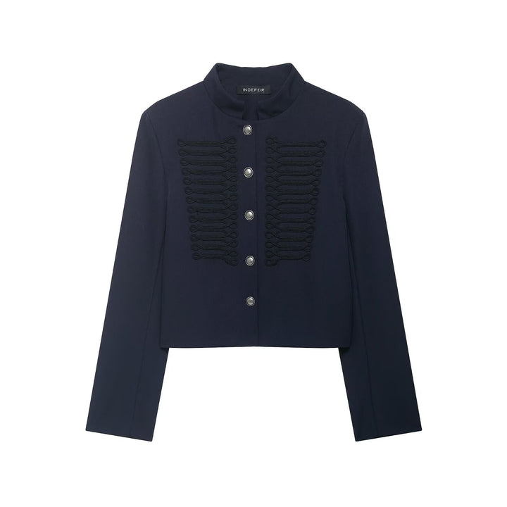 Women Short Military-Inspired Wool Blend Blazer with Stand-Up Collar and Decorative Cord Detail Mune Fashion