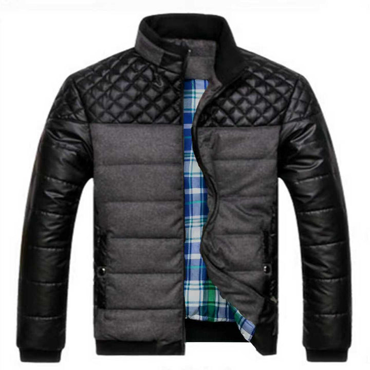 Men's Padded Quilted Bomber Jacket with Faux Leather Shoulder Insets, Stand Collar and Checkered Lining Mune Fashion