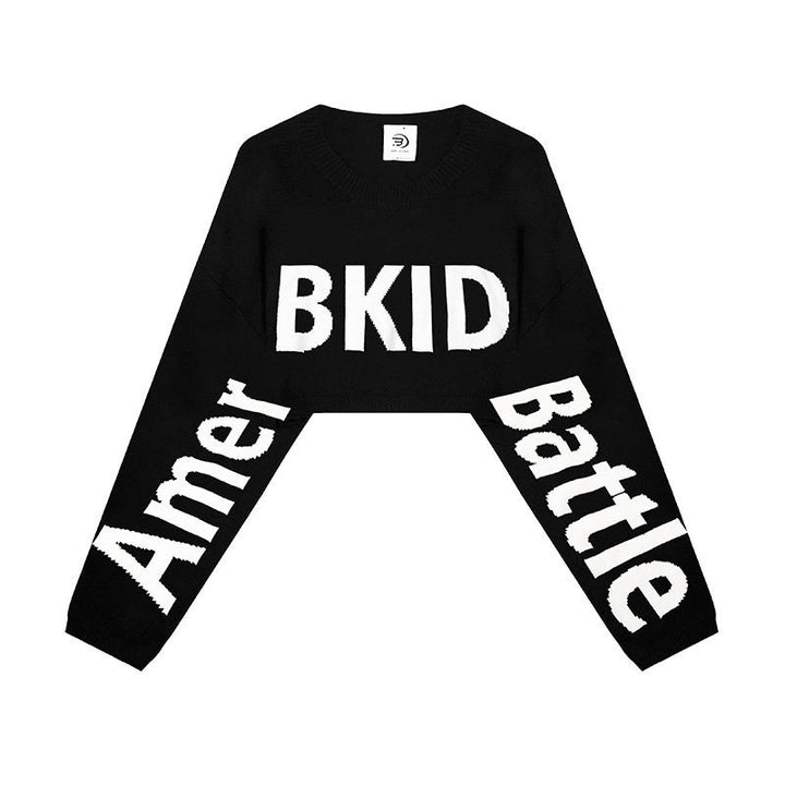 Women's Cropped Knit Sweater with Wide Raglan Sleeves and Statement Print Mune Fashion