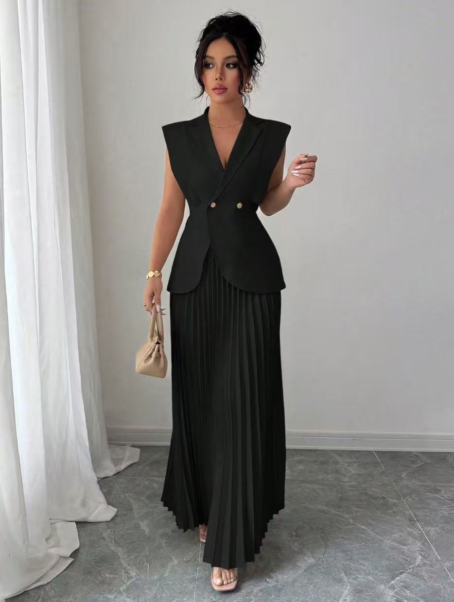 Women’s sleeveless fitted blazer set with pleated maxi skirt Mune Fashion