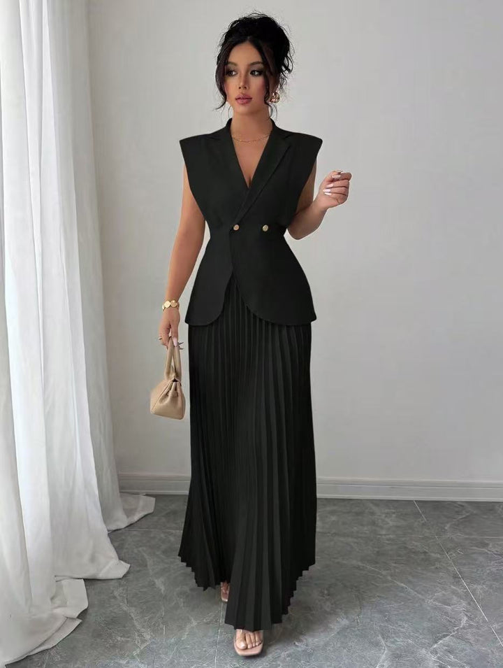 Women’s sleeveless fitted blazer set with pleated maxi skirt Mune Fashion