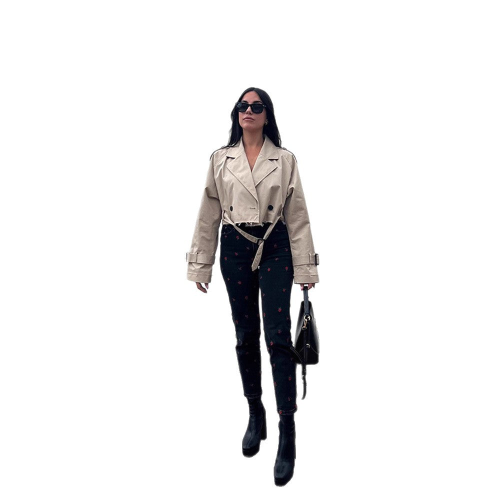 Women Short-Cut Trench-Cropped Coat with Waistbelt, Oversized Sleeves and Frayed Hem Mune Fashion