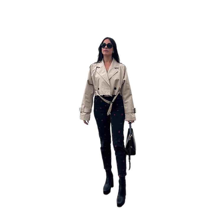 Women Short-Cut Trench-Cropped Coat with Waistbelt, Oversized Sleeves and Frayed Hem Mune Fashion