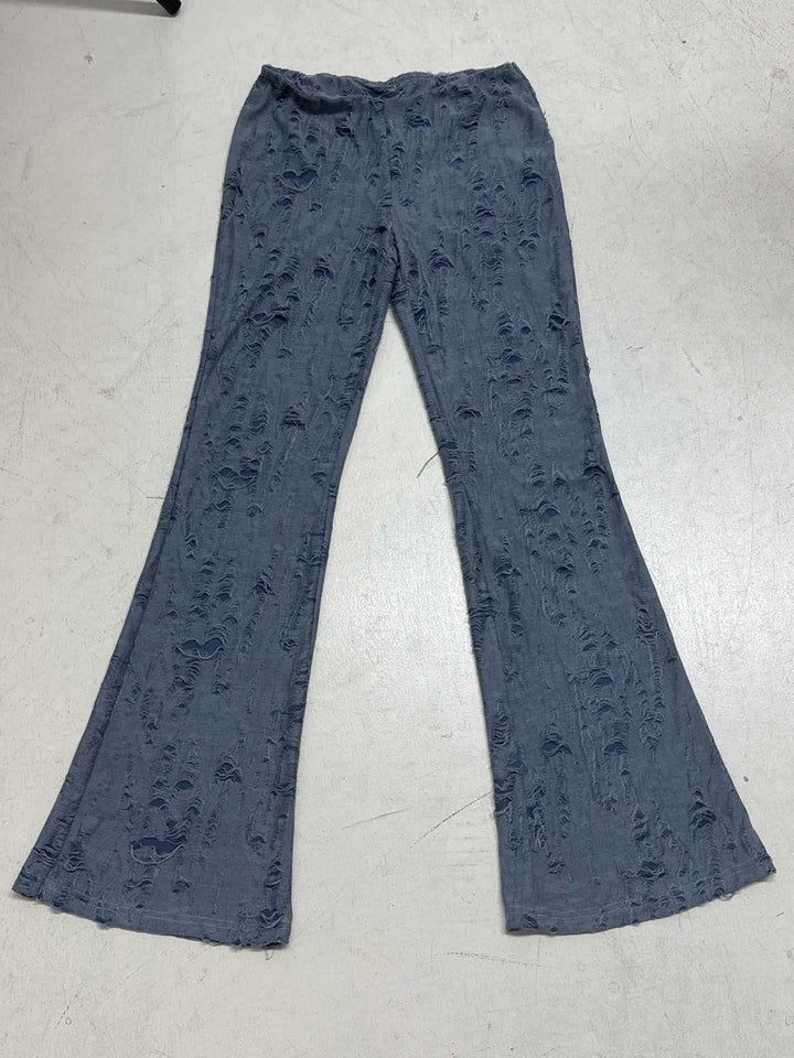 Women's flared high-waisted trousers with stretchy denim look and frayed destroyed structure Mune Fashion