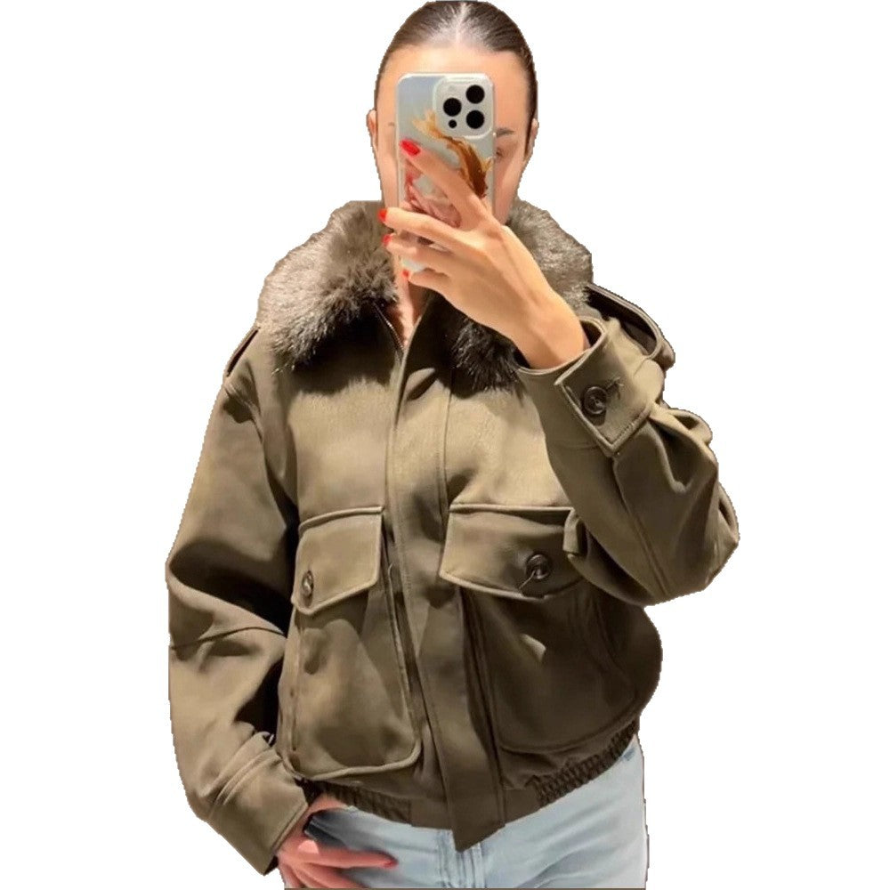 Women's pilot jacket made of suede imitation with removable faux fur collar and patch flap pockets Mune Fashion
