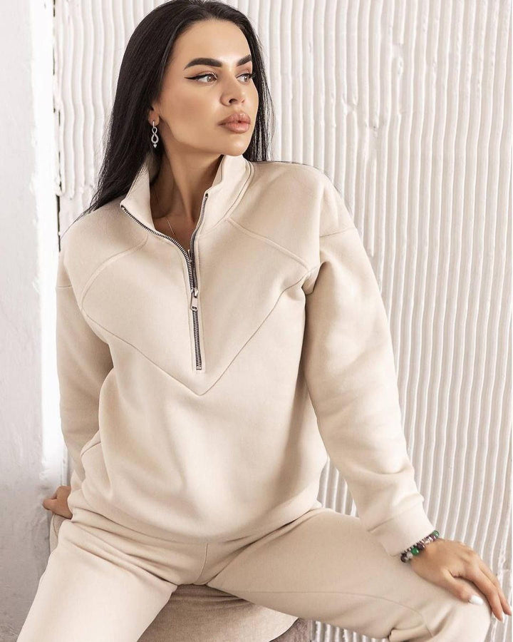 Women's Two-Piece Sweat Loungewear Set with Troyer Zipper and Elastic Jogging Pants Mune Fashion