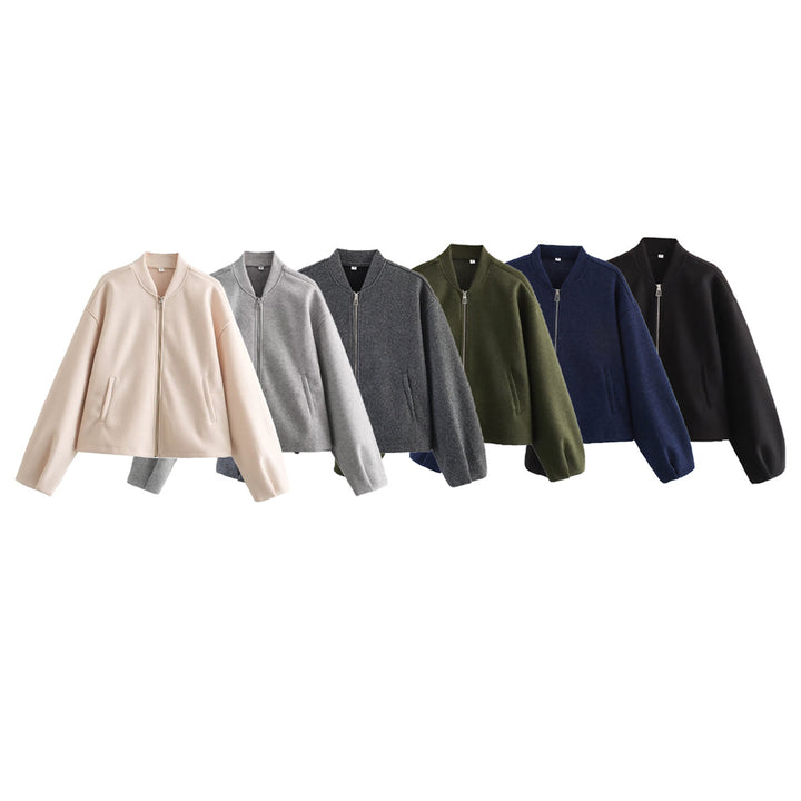 Women's Boxy Bomber Jacket with Stand-Up Collar, Dropped Shoulders and Concealed Zipper Mune Fashion