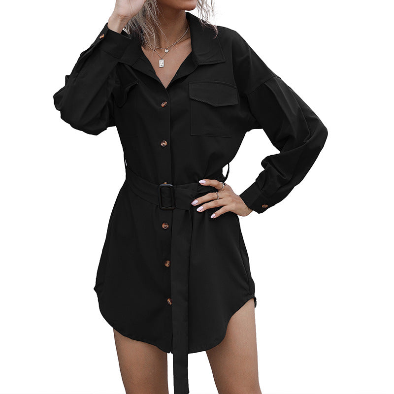Women's short shirt dress in safari style with tie belt and patch chest pockets Mune Fashion
