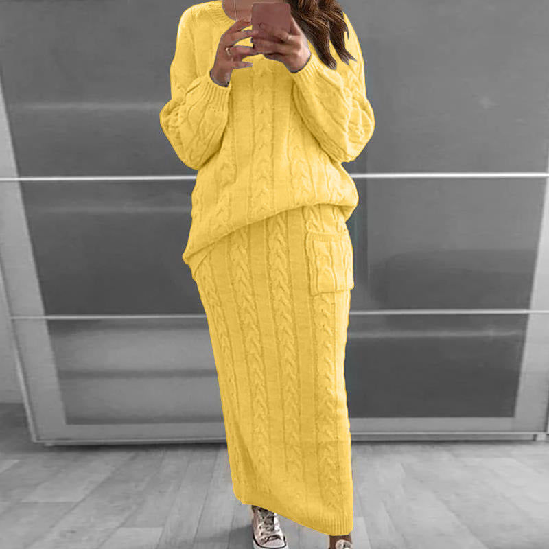 Women’s knitted set oversized cable knit sweater and maxi pencil skirt with patch pocket Mune Fashion