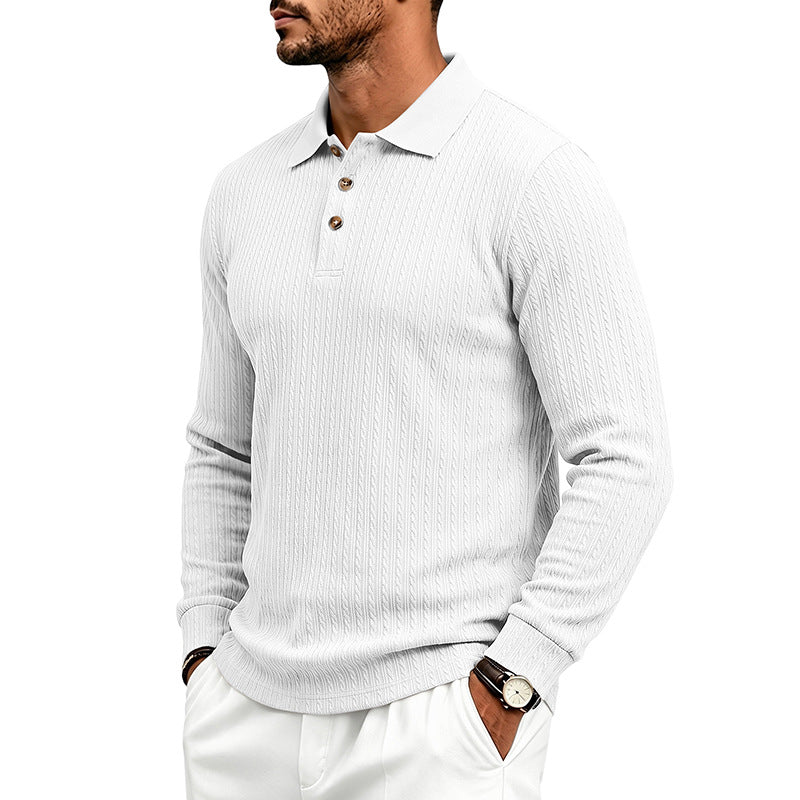Men's Structured Long Sleeve Polo in Fine Knit with Cable Pattern and Button Placket Mune Fashion