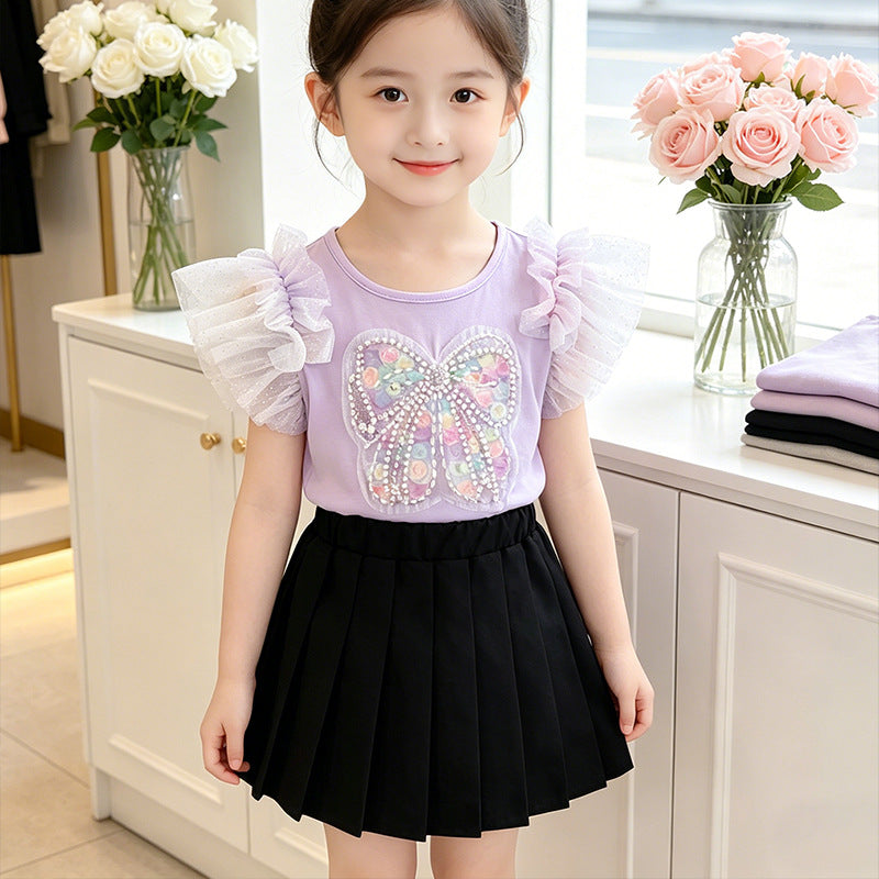 Girl's T-shirt with eye-catching butterfly design and lace sleeves Mune Fashion
