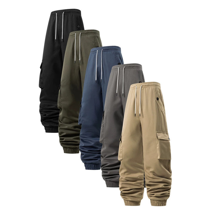Men's cargo jogger pants with elastic waistband, drawstring, and multifunctional pockets.