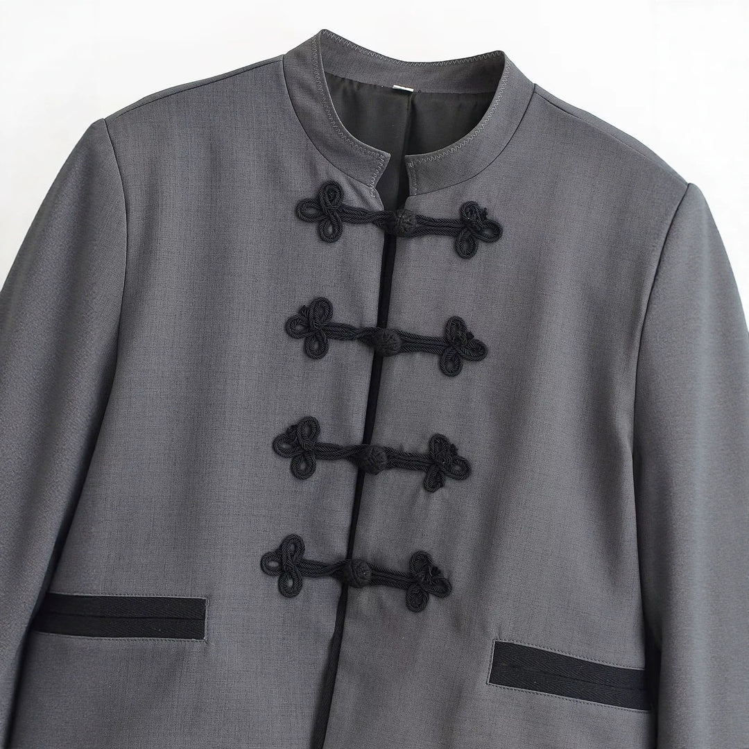 Women's Short Jacket with Mandarin Collar and Decorative Knot Closures Mune Fashion