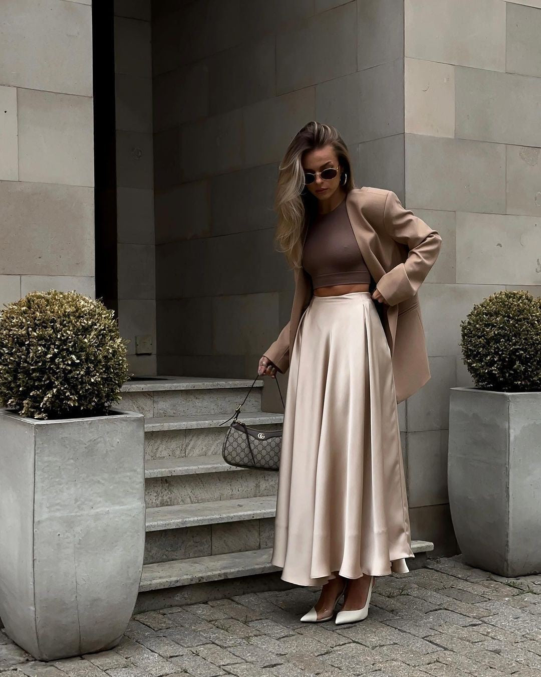 Women's Flowing Satin Midi Skirt with High Waist and Pleats Mune Fashion