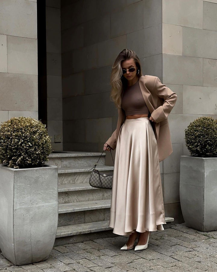 Women's Flowing Satin Midi Skirt with High Waist and Pleats Mune Fashion