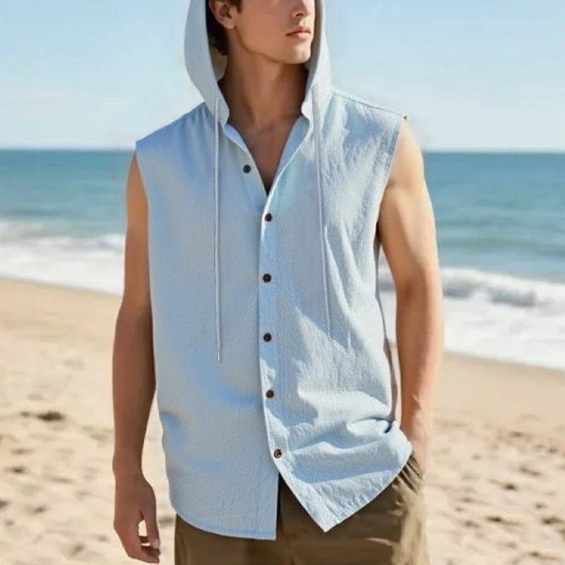 Men's sleeveless hooded shirt in linen look with wooden button placket Mune Fashion
