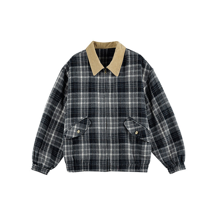 Unisex Checkered Boxy Over Shirt Jacket with Corduroy Collar, Concealed Zipper and Patch Flap Pockets Mune Fashion