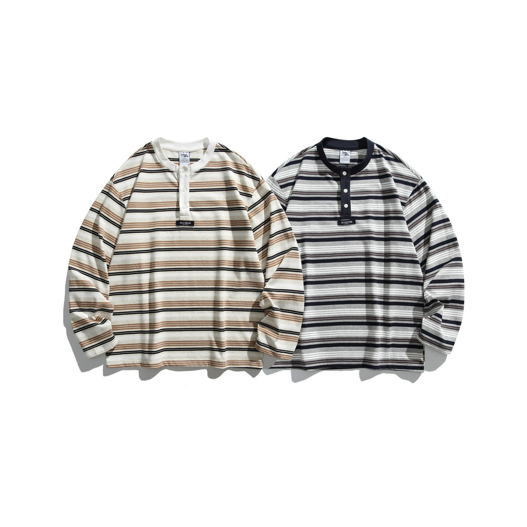 Unisex Oversized Henley shirt with button placket, striped structure and ribbed collar Mune Fashion