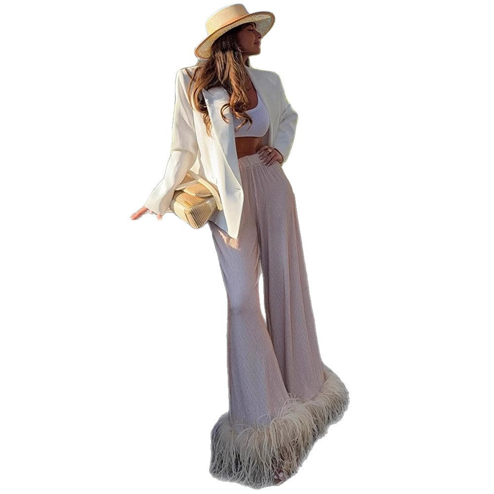 Women's Pleated Palazzo Pants with Wide Leg & Feather Trim Mune Fashion