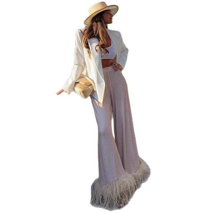 Women's Pleated Palazzo Pants with Wide Leg & Feather Trim Mune Fashion