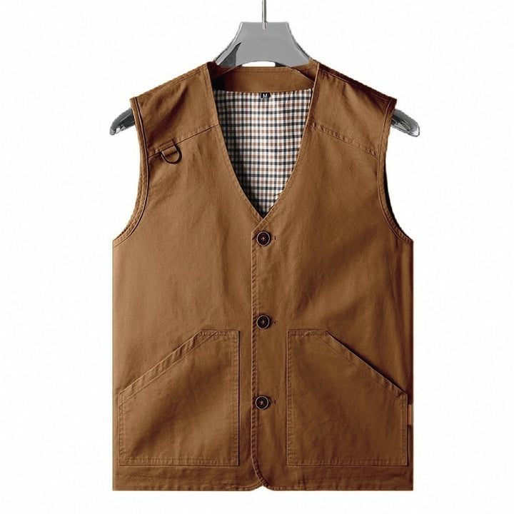 Men's Sleeveless Utility Vest with V-Neck, Cotton Canvas, Button Placket and Large Front Pockets Mune Fashion