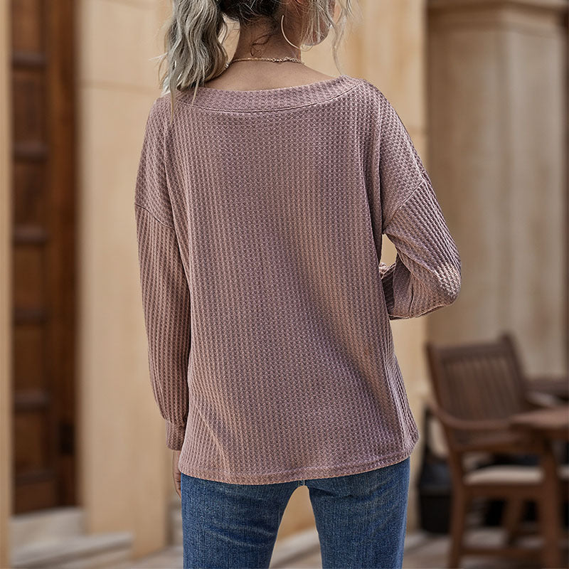 Women's Waffle Knit Long Sleeve with V-Neck and Dropped Shoulder Mune Fashion