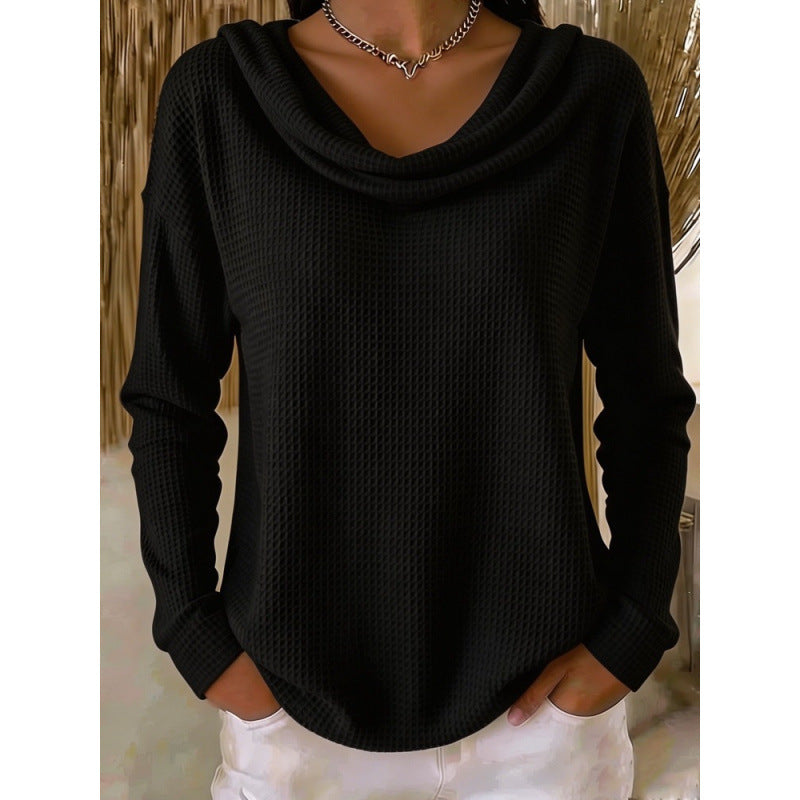 Women Casual Waffle Knit Sweater with Wide Waterfall Collar and Rounded Hem Mune Fashion
