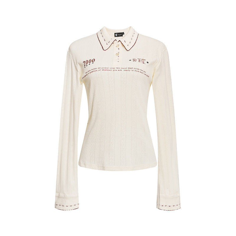 Ladies fine ribbed polo shirt with pointed collar, button placket and decorative embroidery Mune Fashion